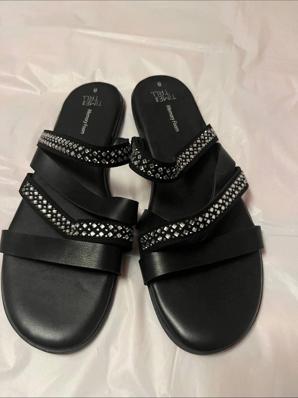 Time and Tru Black Slide Sandals with Crystal Accent Straps